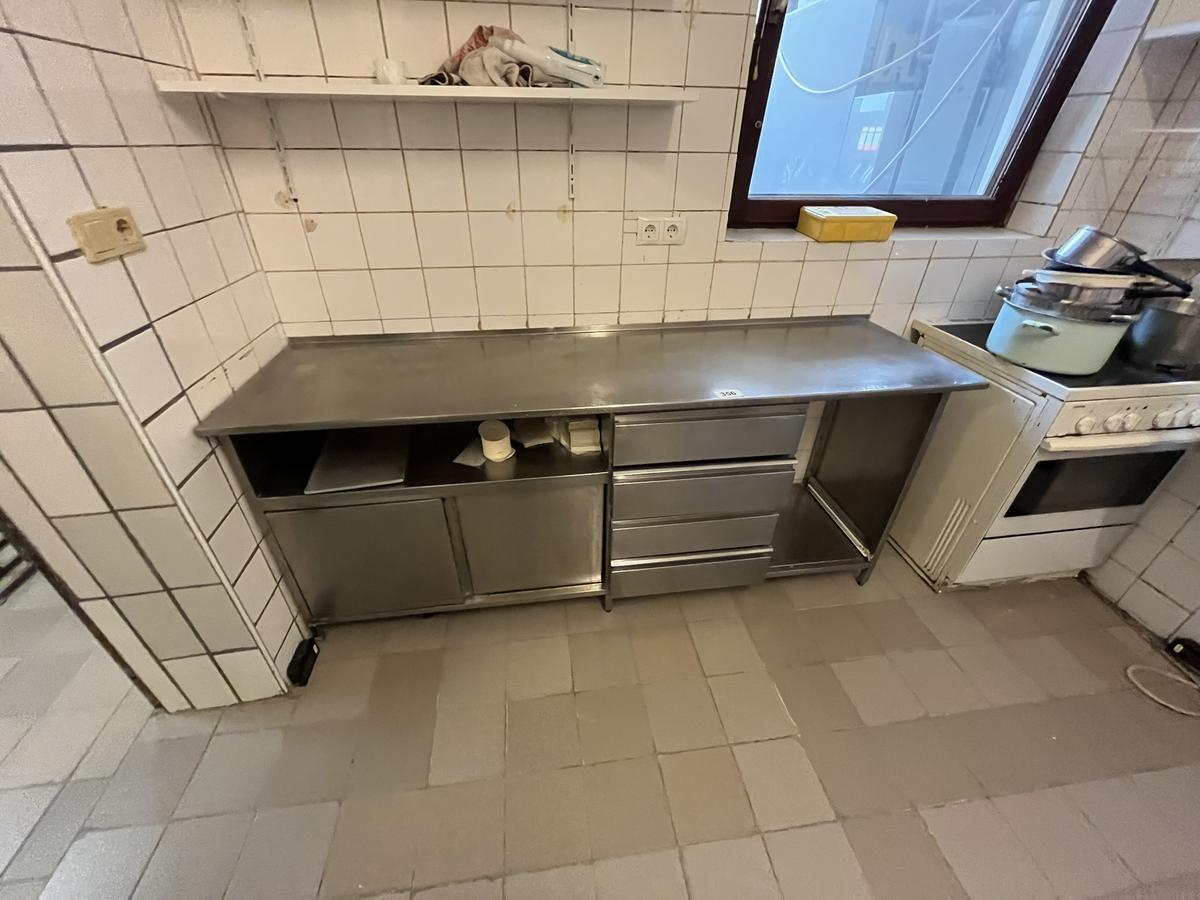 Edelstahl-Arbeitsmodul mit 4 Auszugsladen, unterer Teil mit Schiebetüren, ca. 2000/860/560 mm?d=2025-05-23 09:50:45