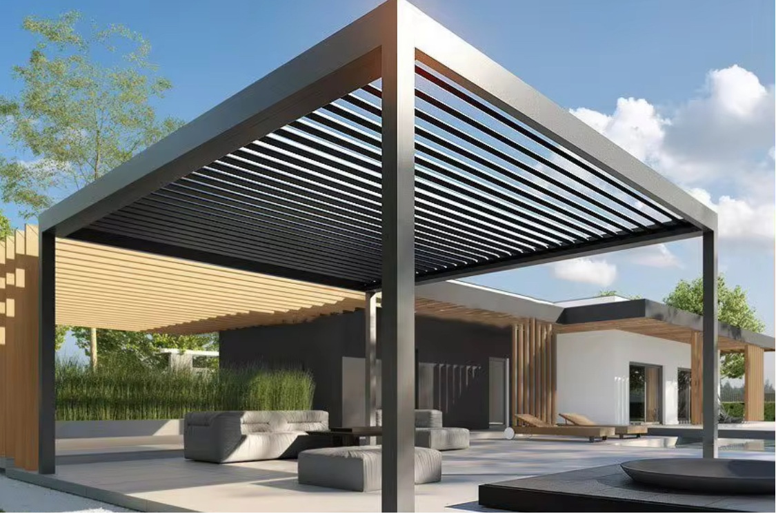 Pergola - Terassenüberdachung, ca. 3x3m, Höhe: ca.2,5m , Konstruktion aus pulverbeschichtetem Aluminium in Anthrazit ähnlich RAL7016