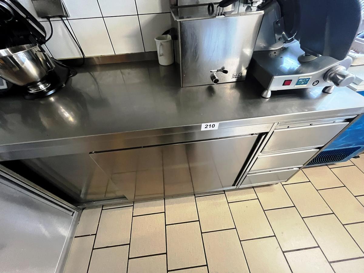 Arbeitsmodul in Edelstahl ca.210/70 cm mit 3 Auszugsladen und Schiebet&uuml;re