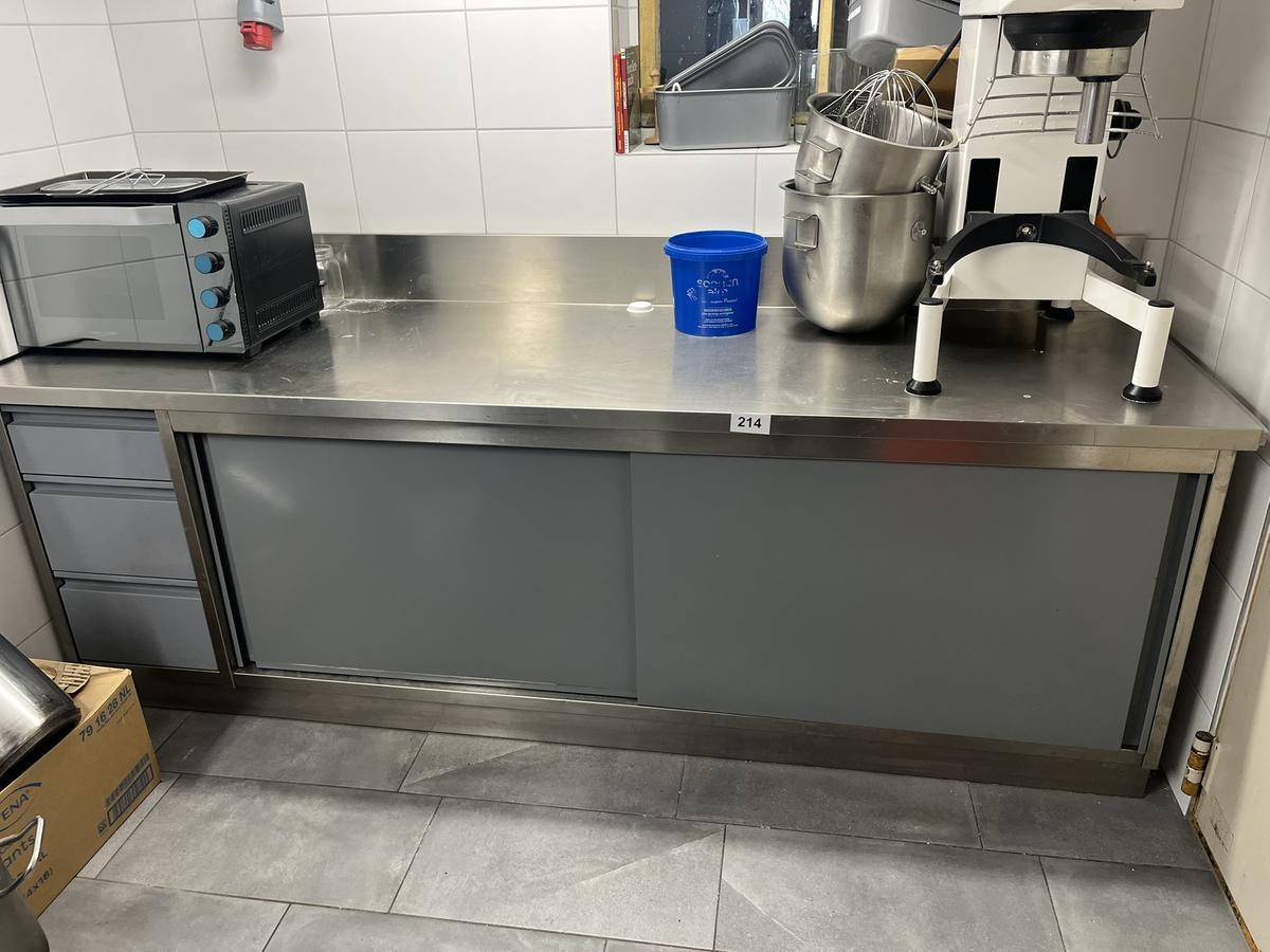 Edelstahl Arbeitstisch ca.273/75/85 cm mit Schiebet&uuml;ren und 3 Auszugsladen