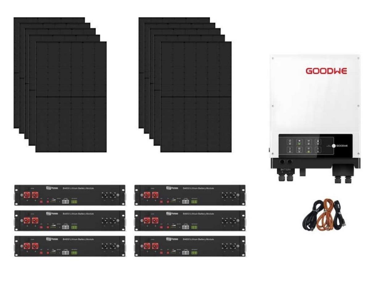 1 Set PV Anlage inklusive Speicher (Wechselrichter + 4,40 kW Paneele + 14,4 kWh Speicher) - PV Hybrid Wechselrichter - 14,4kWh Speicher Batterien - 5,28kw PV Paneele und Zubeh&ouml;r - NEU - Wechselrichter: GoodWe 5048 Hybrid-Wechselrichter
