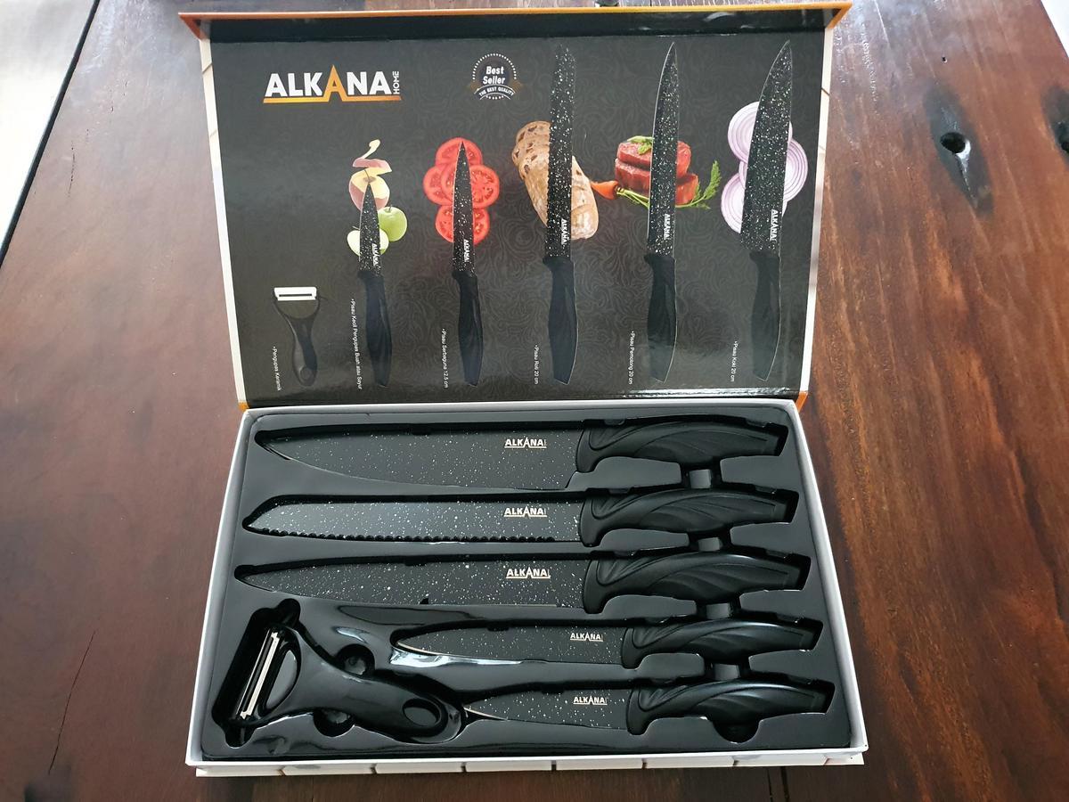 K&uuml;chenmesser - Set, 6teilig mit Marmorbeschichtung - schwarz, K&uuml;chenmesser 20cm, Brotmesser 20cm, Schneidemesser 20cm, Universalmesser 12.5cm, Sch&auml;lmesser 9cm, Keramiksch&auml;ler