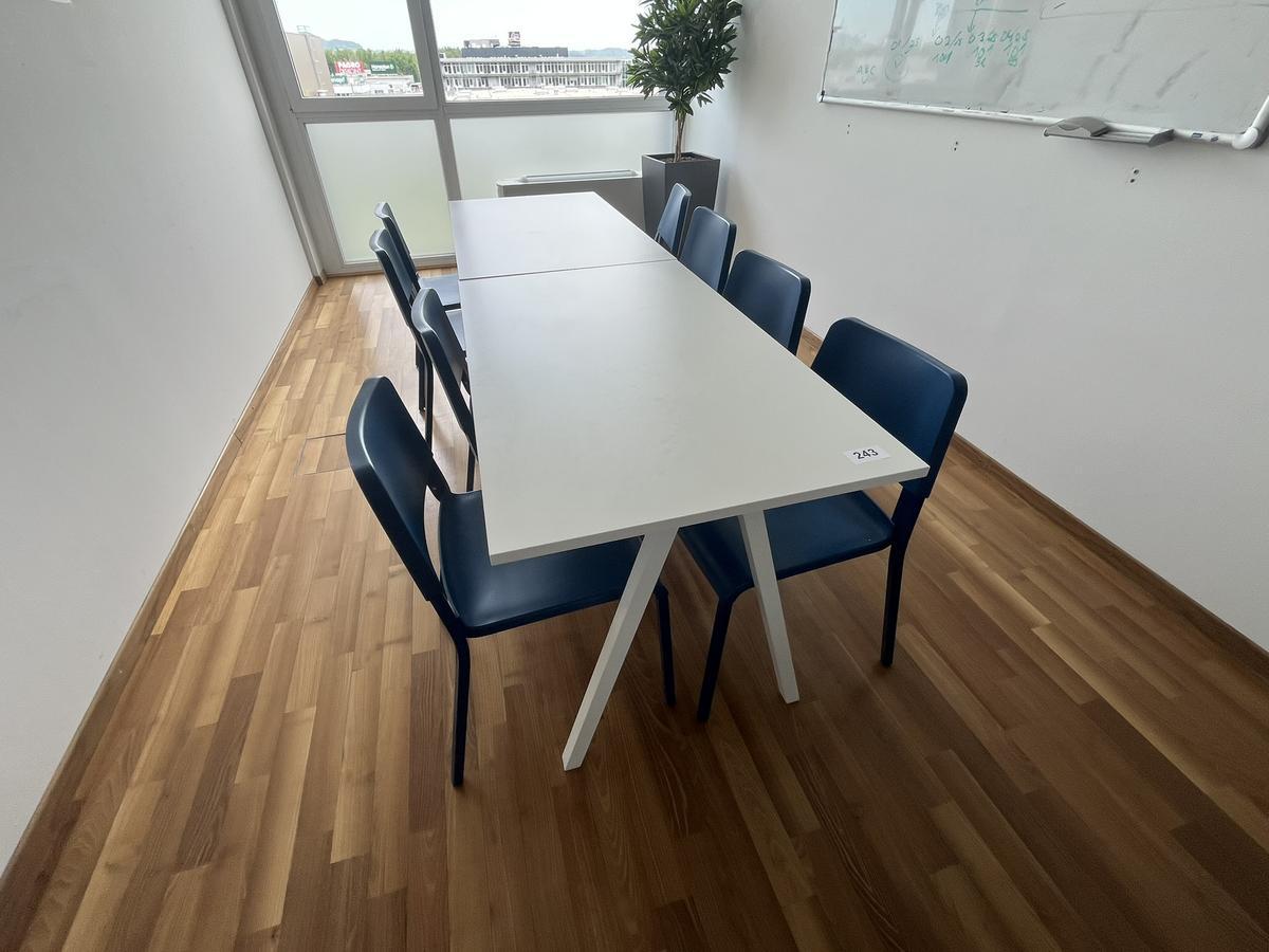 2 St&uuml;ck Sozialraumtische 120x70 cm plus 8 St&uuml;ck St&uuml;hle in blau