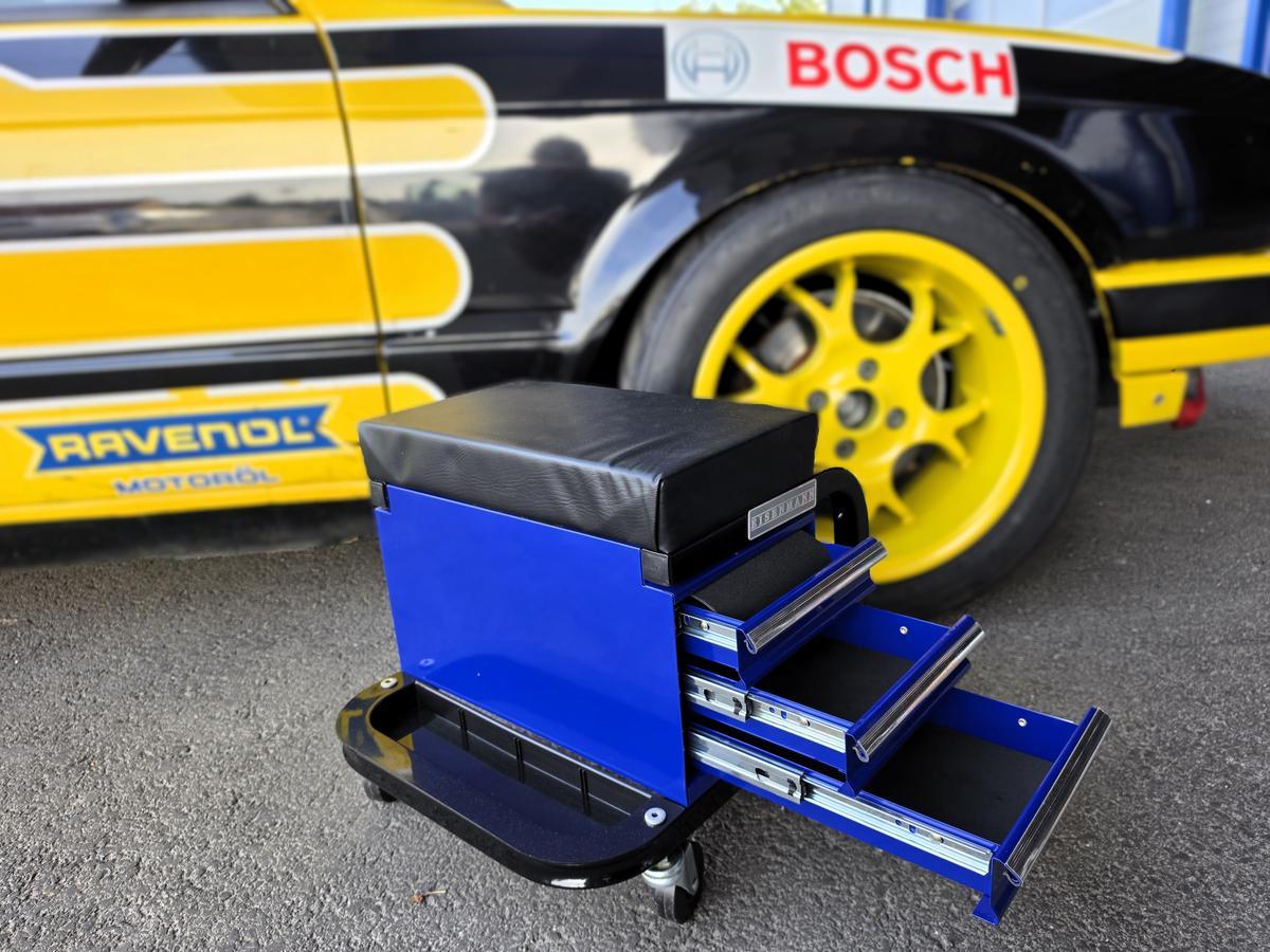 Werkstatthocker mit Laden und Rollen � Blau/Schwarz