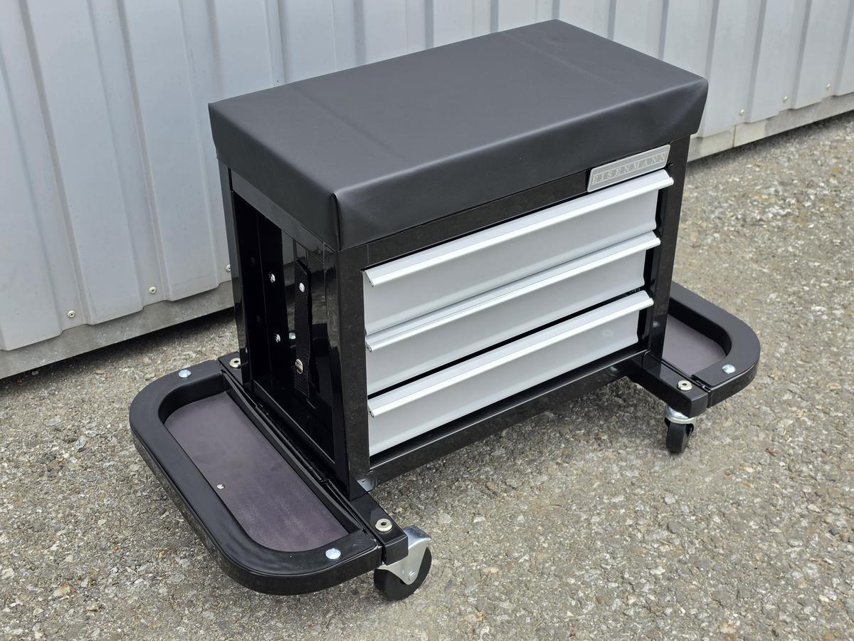 Werkstatthocker mit Laden und Rollen � Silber/Schwarz