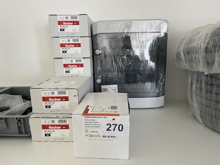 Elektromaterial :Großposten Fischer Rohrschellen mit Aufputzverteiler 2reihig und Stecker PV, Zähleranschlussklemmen, Panzerkunststoffrohr, 0-Leiter-Durchführung Elektromaterial :Großposten Fischer Rohrschellen mit Aufputzverteiler 2reihig und Stecker PV, Zähleranschlussklemmen, Panzerkunststoffrohr, 0-Leiter-Durchführung