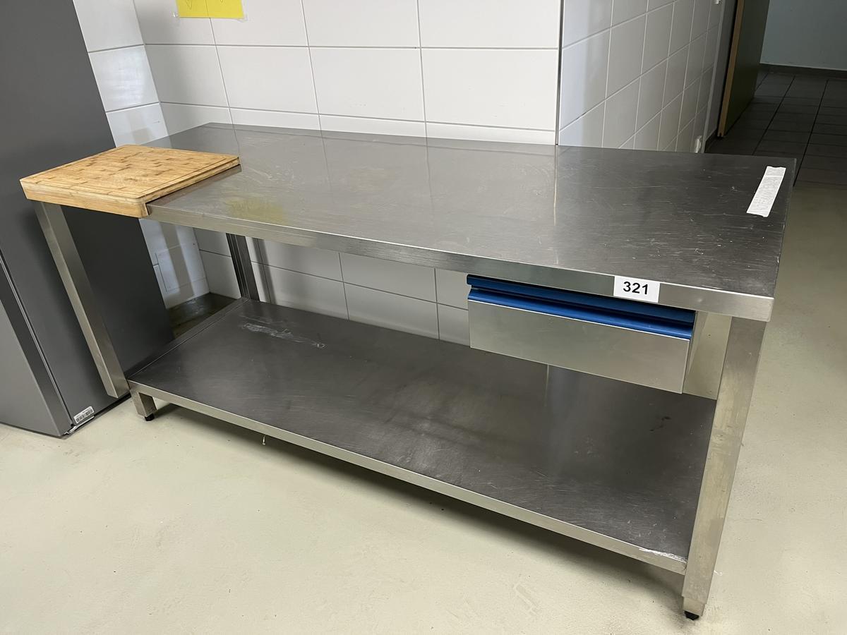 Edelstahlarbeitstisch 180 x 72 x 88 cm mit Auszugslade und Schneidbrett