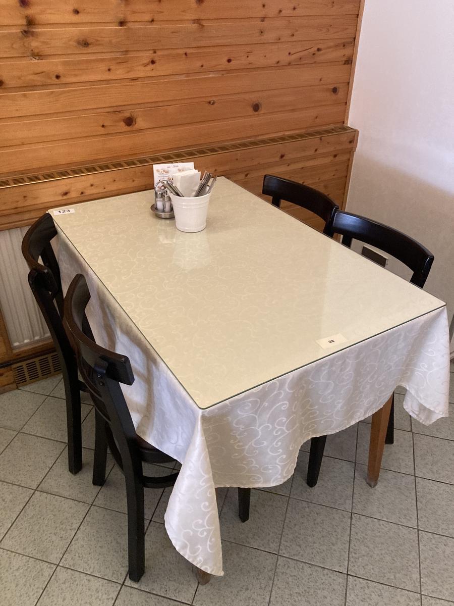 Gastrotisch ca. 70 x 110 cm, mit hellem Gestell inkl. 4 Gastrost&uuml;hle (teilweise stark gebraucht)